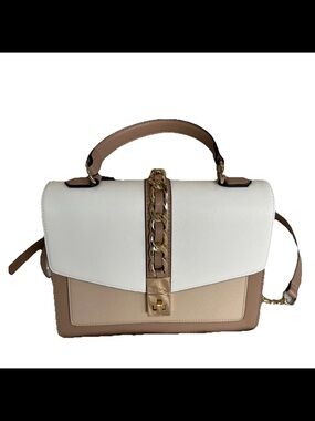 Aldo Two-Tone White and Beige Top-Handle Satchel with Gold Chain